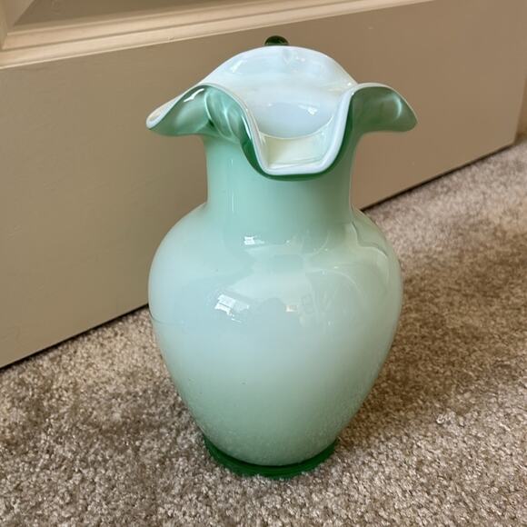 Mouth Blown Cased Green and White Glass Pitcher 9” Light green glass with white - Picture 2 of 6